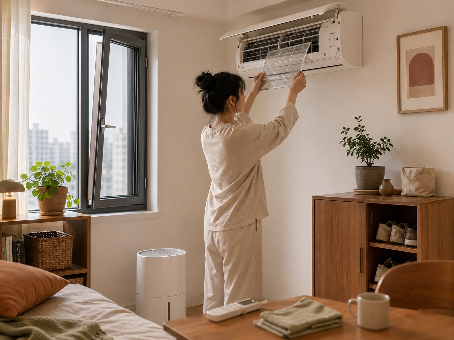 원룸 에어컨 냄새 확인 전 필터, 환기, 습도계를 점검하는 안전한 생활 이미지