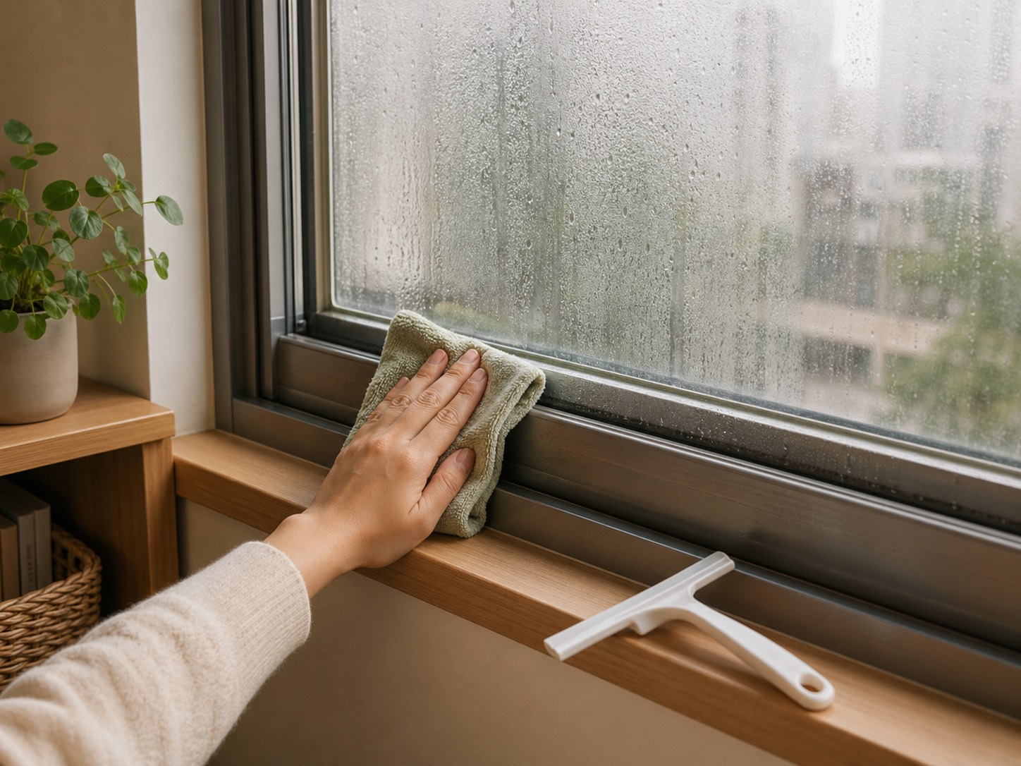창문 결로 물기를 스퀴지와 마른 천으로 관리하고 습도계를 확인하는 이미지